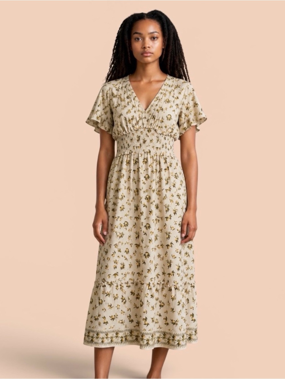 NWT Max Studio Lemon Print Midi Dress LP Flutter Sleeve